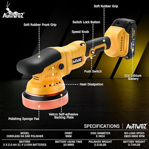 Cordless Car Buffer Polisher, 2x2000mAh 21V Batteries 5... 2